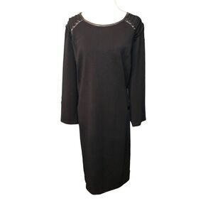 Eloquii black 3/4 sleeve dress with faux leather accents at shoulders